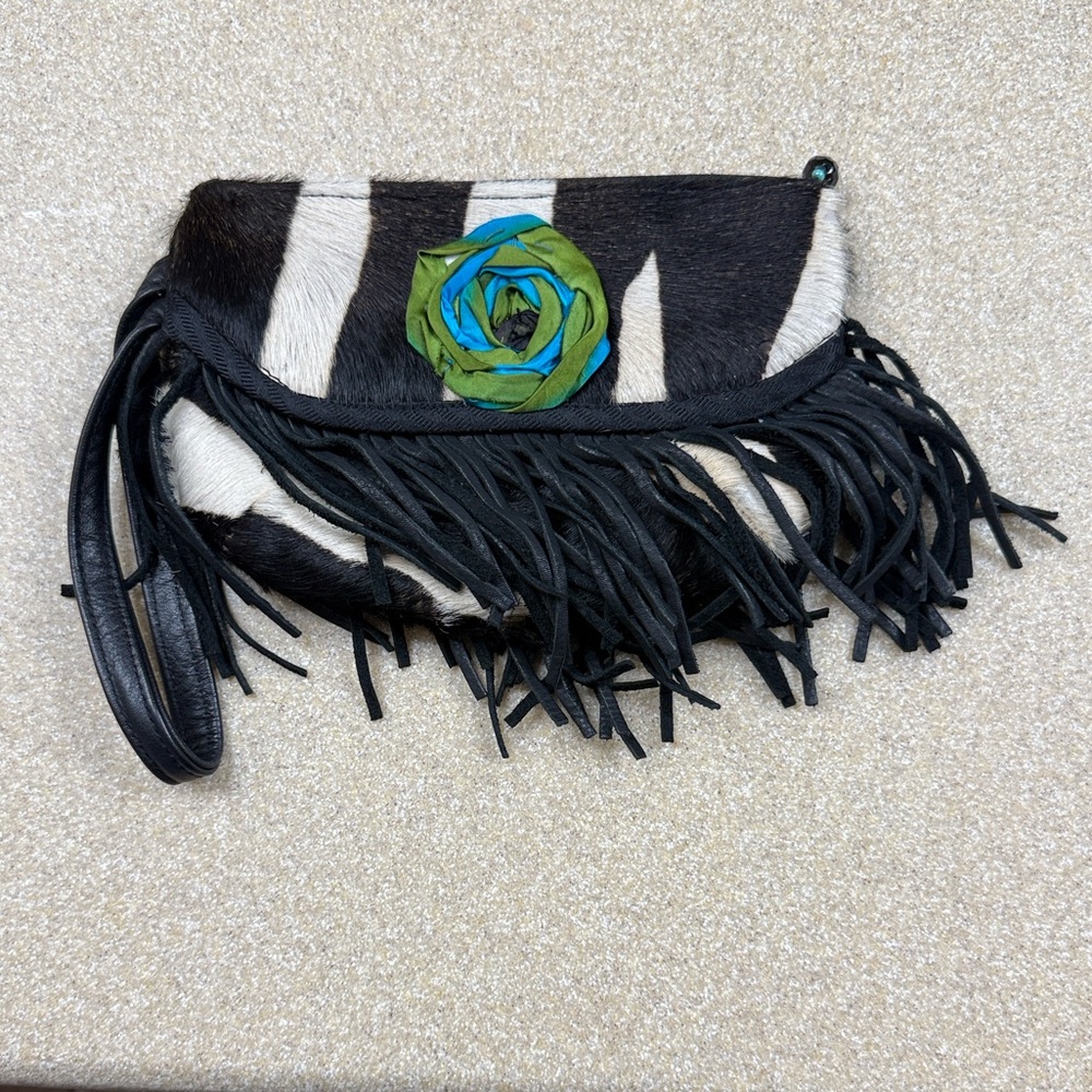 Bonnie Martin Leather Zebra Print w/fringe Purse, One of a Kind Texas Design.